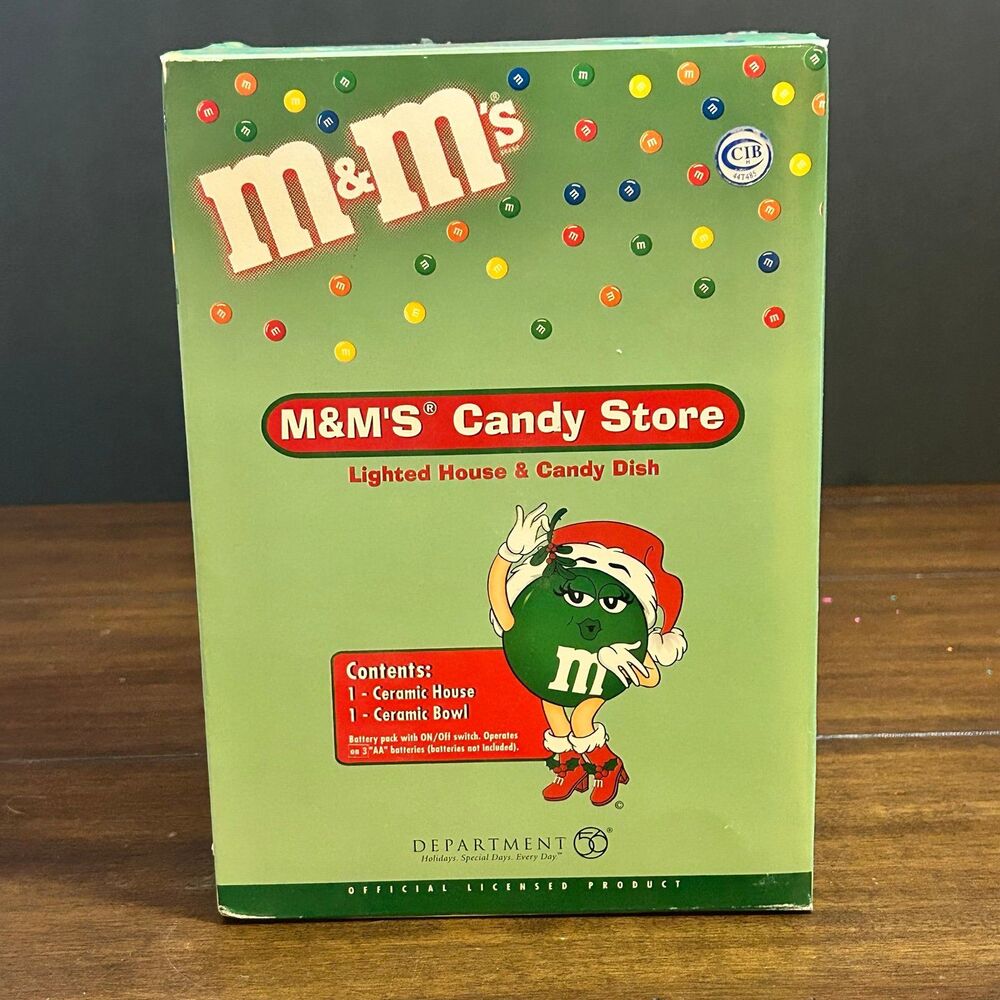 VINTAGE 2004 DEPT 56 M&M'S HOLIDAY LIGHTED HOUSE & CANDY DISH WITH BOX